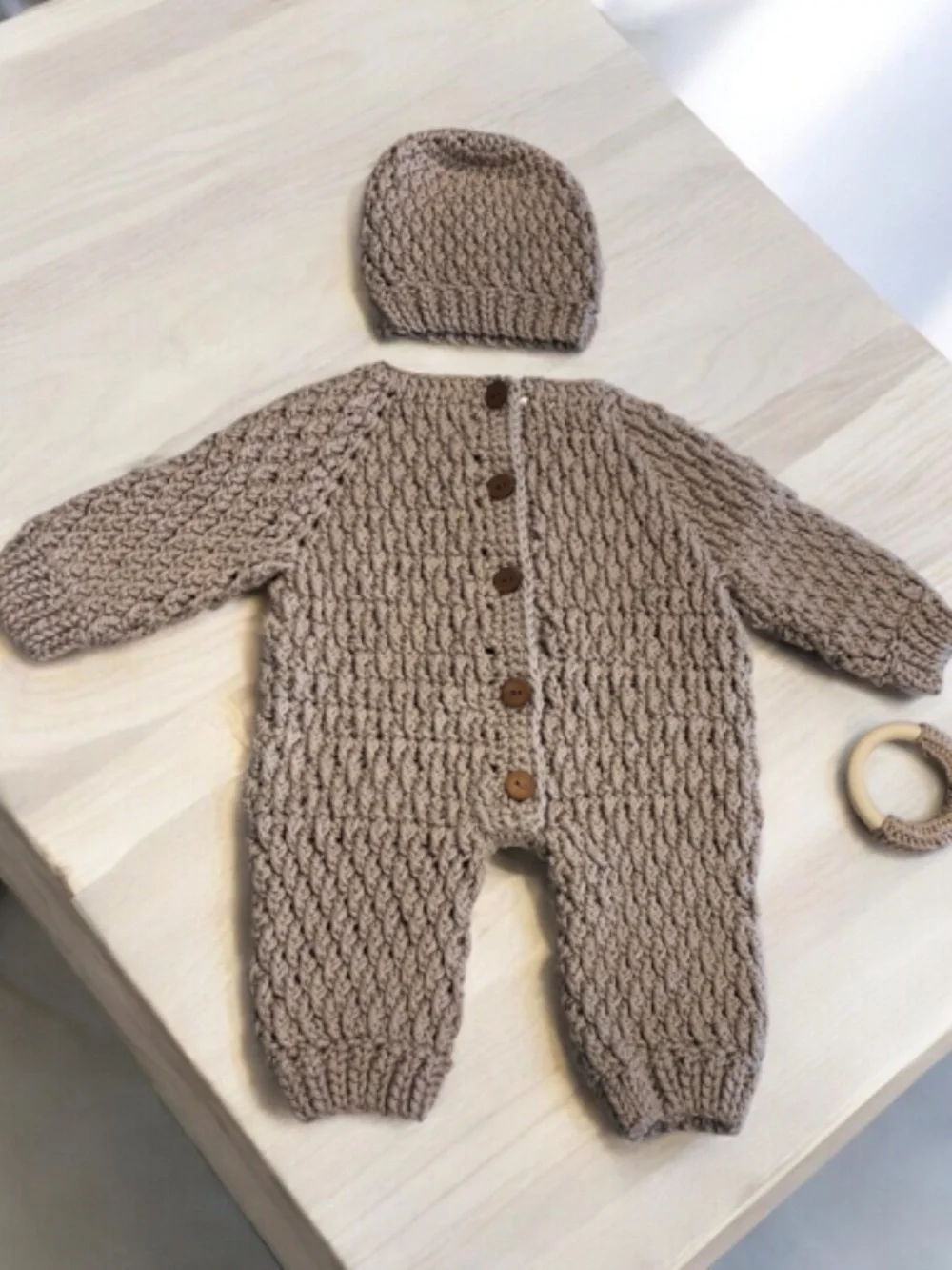 Handmade Baby Crochet Romper Gift Set with Beanie & Crochet Wooden Ring 6-9 Mos.